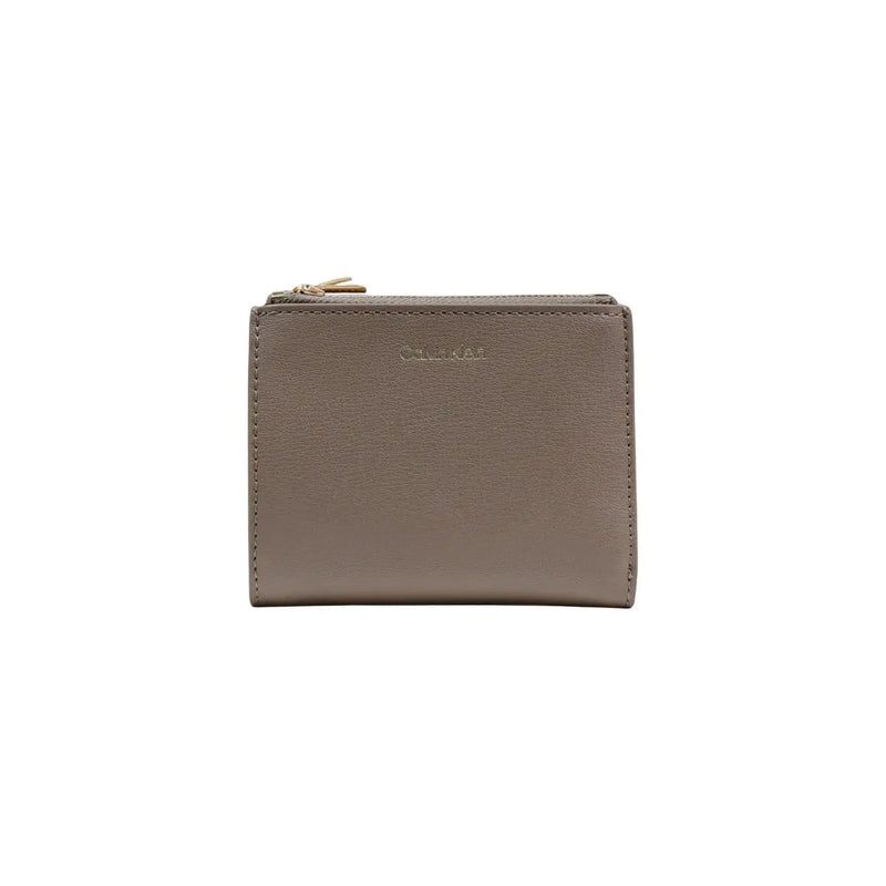 Calvin klein women wallet beige zip pockets taupe textured leather with precise stitching and gold-tone zipper pull