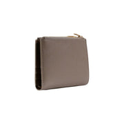 A sleek taupe leather zippered wallet by Calvin Klein with gold-toned zipper pull and beige zip pockets 11.5x7.5x2 cm