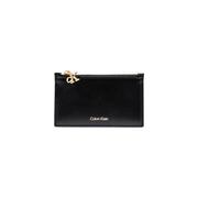 Calvin Klein women wallet black faux leather zippered card case with gold-tone CK logo charm and stitching