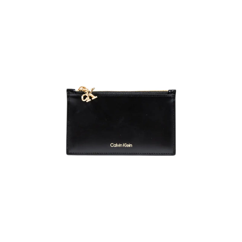 Calvin Klein women wallet black faux leather zippered card case with gold-tone CK logo charm and stitching