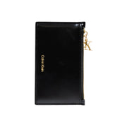 Black Calvin Klein women wallet in faux leather with gold-tone zipper and logo detailing, sized 13x8x0.2 cm