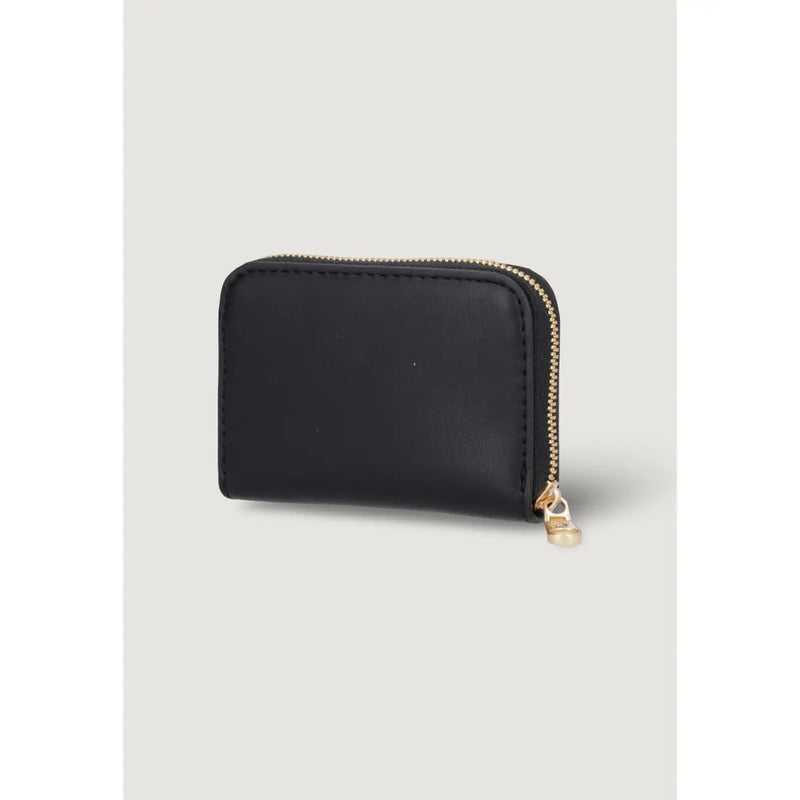Calvin Klein women black zippered wallet in polyurethane with gold-toned zipper and pull tab measuring 10x7x2 cm