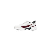Calvin Klein women white suede sneakers with burgundy and black accents featuring a chunky sole and sleek design