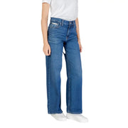 Calvin Klein women’s blue cotton jeans with high rise, straight leg cut, and classic stitching details