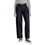 Calvin Klein women’s dark indigo high-waisted wide-leg cotton denim jeans with classic five-pocket design for fall winter