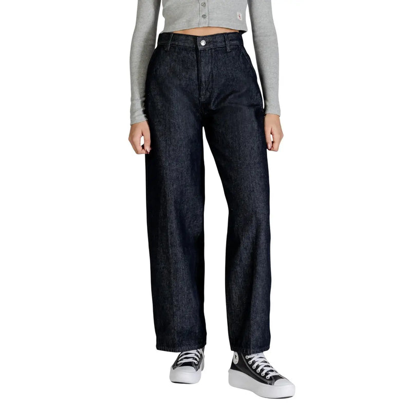 Calvin Klein women’s dark indigo high-waisted wide-leg cotton denim jeans with classic five-pocket design for fall winter