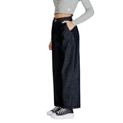 Calvin Klein women’s blue cotton dark-wash denim wide-leg jeans with high waist and classic button closure for fall winter