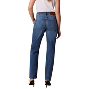 Calvin klein women’s blue cotton stretch jeans with straight-leg cut and brown leather brand patch at the waistband
