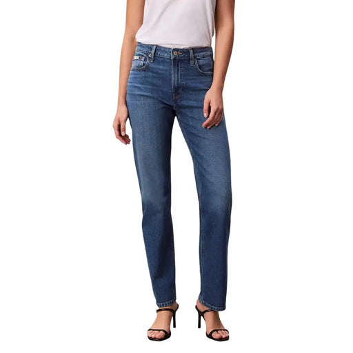 Calvin Klein Damen-Jeans aus blauem Baumwollstretch, mittelhoch geschnitten, gerades Bein