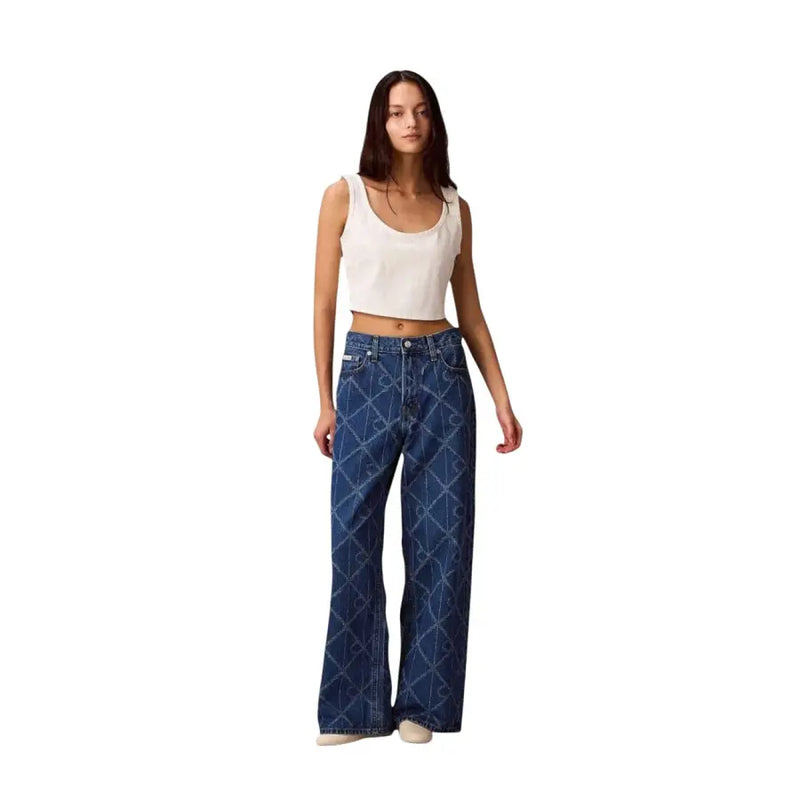 Calvin Klein women’s blue cotton jeans with a geometric diamond pattern on denim fabric