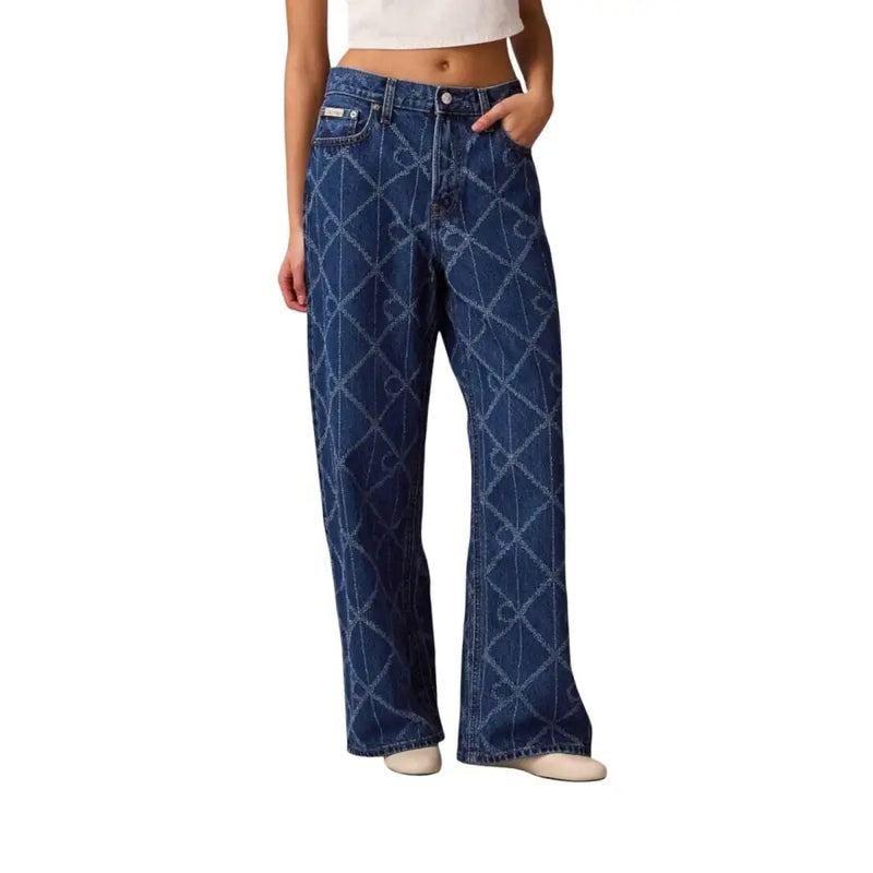 Calvin Klein women’s blue cotton jeans with a subtle geometric pattern of interlocking diamonds and circles