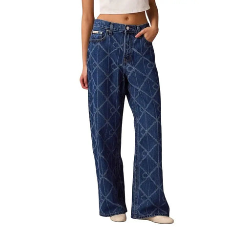 Calvin Klein women’s blue cotton jeans with a subtle geometric pattern of interlocking diamonds and circles