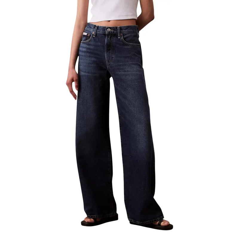 Dark-wash denim jeans with high-rise wide-leg cut and classic five-pocket design from calvin klein bordeaux collection