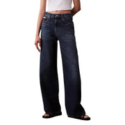 Calvin Klein Bordeaux high-rise wide-leg dark-wash denim jeans back view