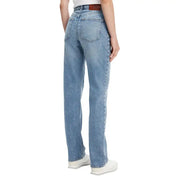Calvin Klein women’s light blue cotton jeans with light-wash denim straight-leg cut and brown leather belt loop