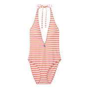 Calvin Klein womens orange striped halter one-piece swimsuit in nylon with tied neckband and embroidered logo