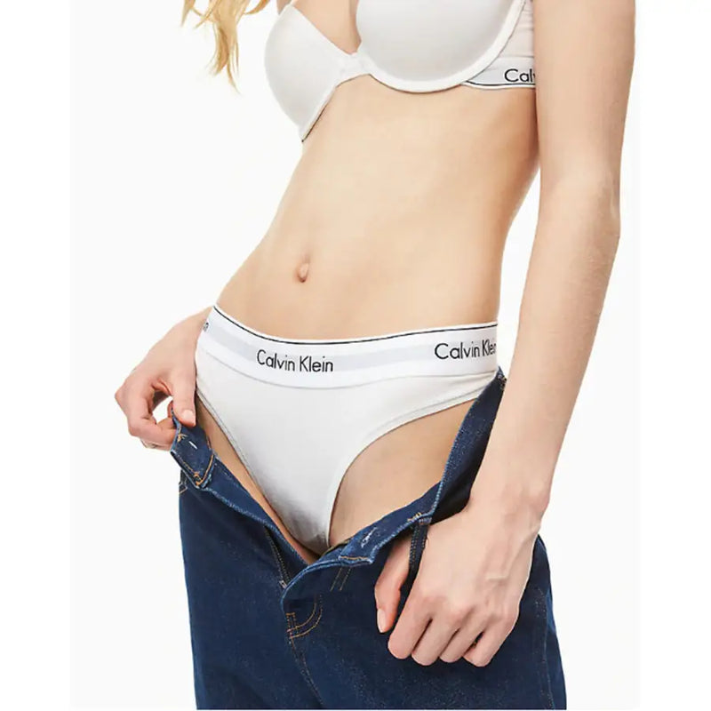 Calvin Klein women’s white cotton modal briefs with black logo trim showcasing front view