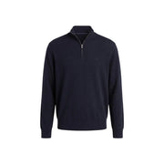 Calvin Klein Herren-Wollpullover in Marineblau mit halbem Reißverschluss und gerippten Bündchen, Vorderansicht