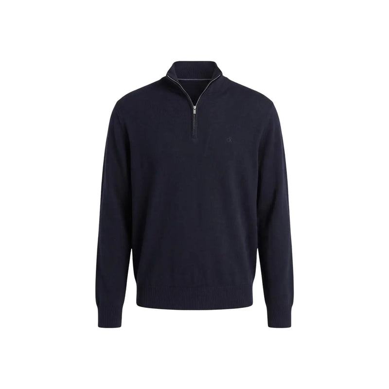 Calvin Klein Herren-Wollpullover in Marineblau mit halbem Reißverschluss und gerippten Bündchen, Vorderansicht