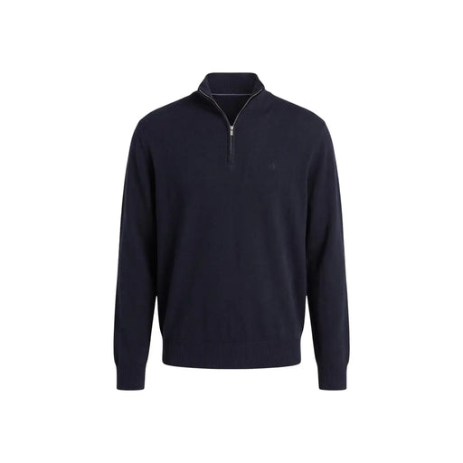 Calvin Klein Herren-Wollpullover in Marineblau mit halbem Reißverschluss und gerippten Bündchen, Vorderansicht