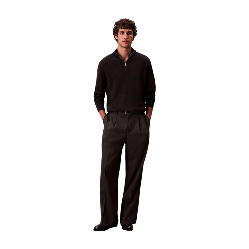 Calvin Klein wool turtleneck sweater for men in black with ribbed texture and quarter-zip, front view
