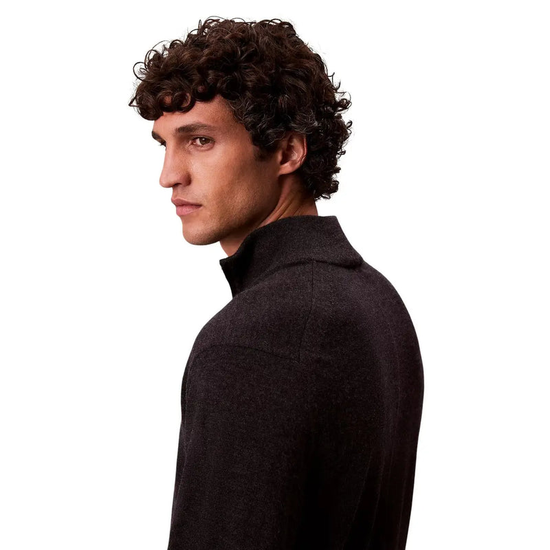 Calvin Klein wool turtleneck sweater for men in dark gray with textured fabric and high collar, front view