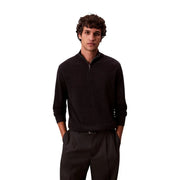 Calvin Klein wool turtleneck sweater for men in black merino wool with half-zip and ribbed cuffs, front view