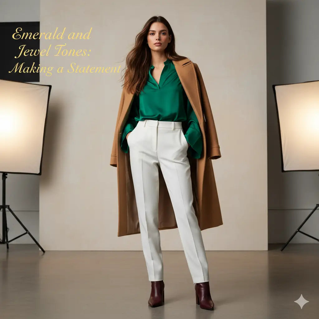Manteau camel élégant avec chemise verte et pantalon blanc pour femme
