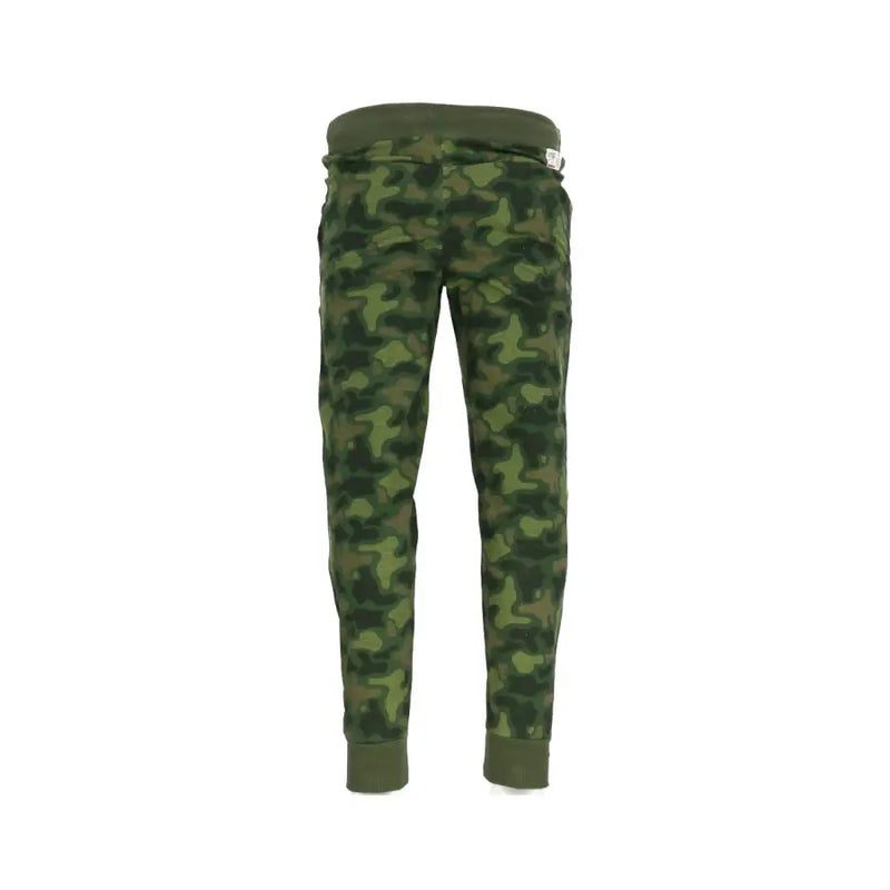 Green camouflage-patterned sweatpants with patches featuring ribbed cuffs and waistband for comfortable wear