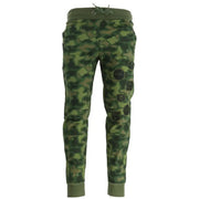 Camouflage patterned sweatpants with patches showcased for stylish casual wear
