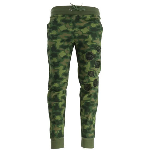 Camouflage patterned sweatpants with patches showcased for stylish casual wear