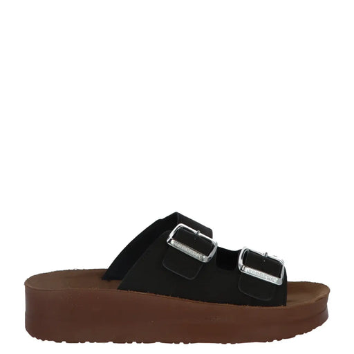 Carrera Schwarze Damen-Ledersandalen mit zwei silbernen Schnallenriemen und brauner Plateausohle