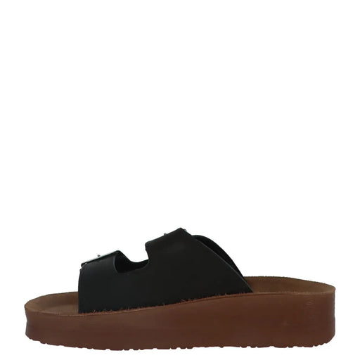 Carrera Schwarze Damen-Sandalen aus Leder mit brauner Plateausohle und zwei verstellbaren Schnallenriemen