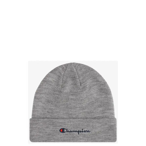 Champion gray beanie men’s knit hat in soft acrylic with ribbed cuff and embroidered logo for cold weather comfort