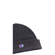 Champion gray beanie men’s wool blend knit with dark heather color and small embroidered red blue white logo for streetwear