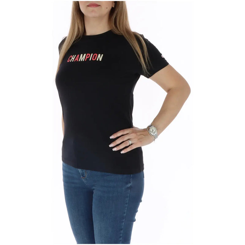 Champion women black cotton short sleeve t shirt with red and white champion logo across the chest
