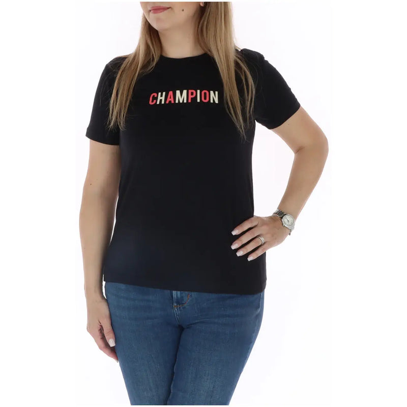Champion women black cotton round neck short sleeve t shirt with champion logo printed in red and white across chest