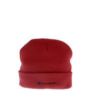 Red champion women acrylic beanie with ribbed knit texture and embroidered logo on folded brim for fall and winter