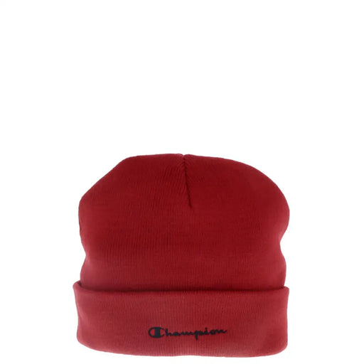 Red champion women acrylic beanie with ribbed knit texture and embroidered logo on folded brim for fall and winter