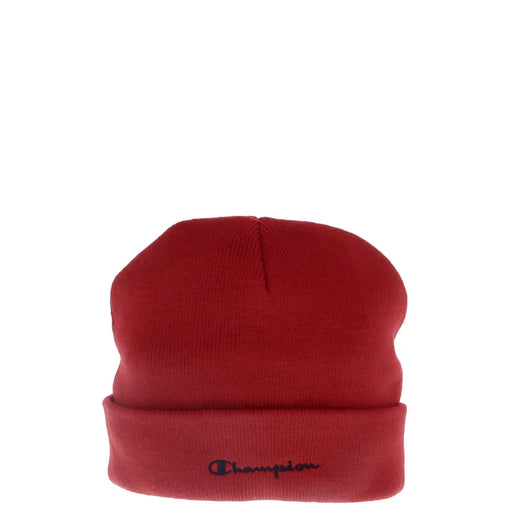Red champion women acrylic beanie with ribbed knit texture and embroidered logo on folded brim for fall and winter