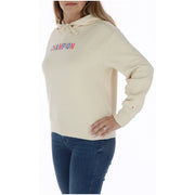 Champion womens beige cotton hoodie sweatshirt featuring a cream drawstring hood and red and blue logo chest print