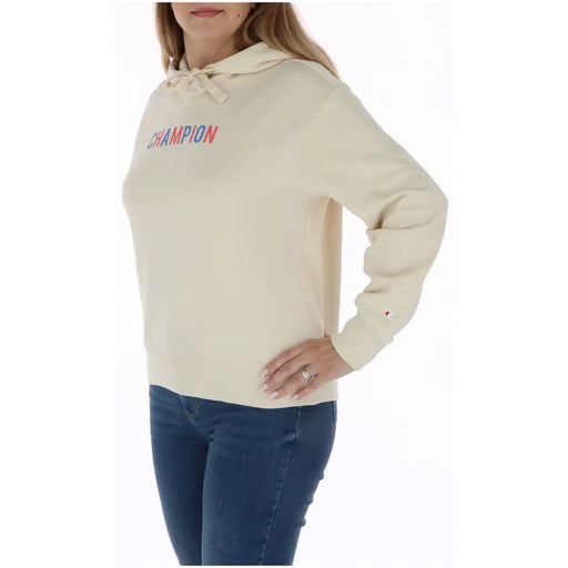 Champion womens beige cotton hoodie sweatshirt featuring a cream drawstring hood and red and blue logo chest print