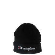 Champion women’s black cap for fall and winter featuring a black beanie with white and red embroidered logo