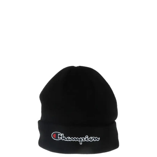 Champion women’s black cap for fall and winter featuring a black beanie with white and red embroidered logo