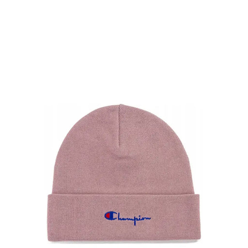 Champion women’s soft pink knit beanie made of 100 percent polyester with a blue embroidered logo on the cuff