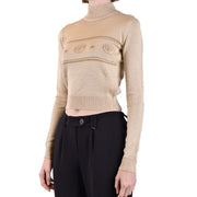 Chiara ferragni women beige wool knitwear cropped turtleneck sweater with subtle gold embroidered menorahs and stars
