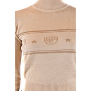 Chiara Ferragni women beige wool turtleneck sweater with embroidered menorahs and stars in a darker beige tone