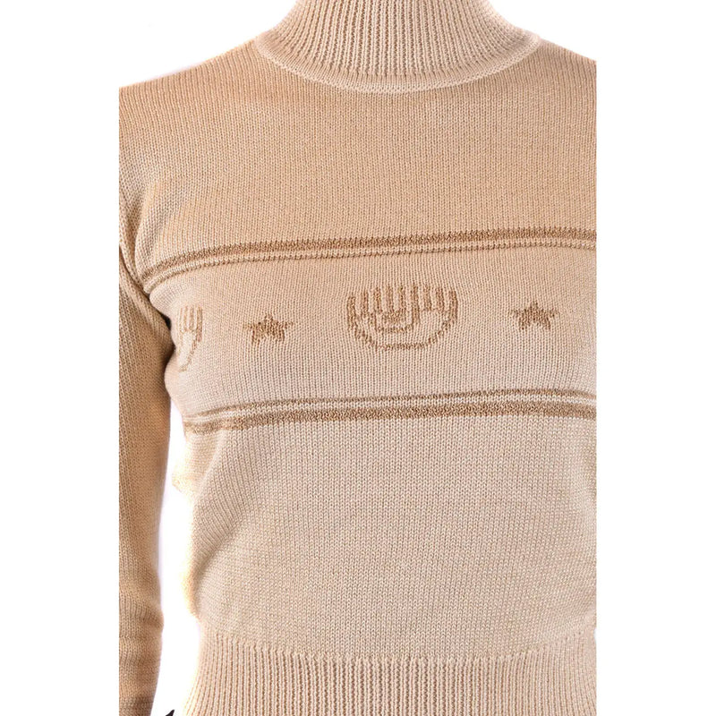 Chiara Ferragni women beige wool turtleneck sweater with embroidered menorahs and stars in a darker beige tone