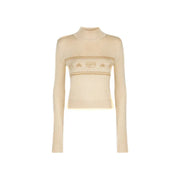 Chiara Ferragni women beige wool turtleneck sweater with gold embroidered stars and menorah on the chest