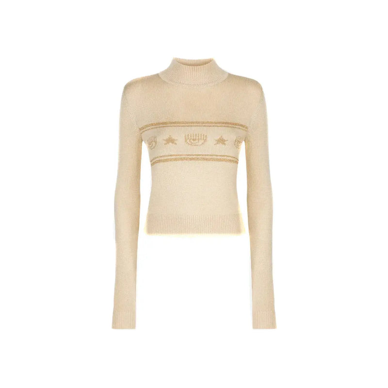Chiara Ferragni women beige wool turtleneck sweater with gold embroidered stars and menorah on the chest